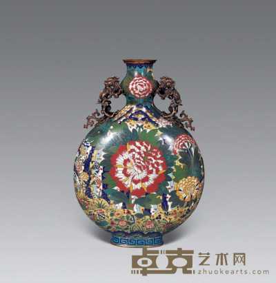 清中期 铜胎掐丝珐琅牡丹花卉双狮耳葫芦扁瓶 53cm
